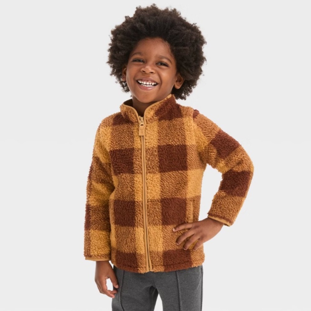 New! Toddler Boys' Faux Shearling Zip-Up Jacket - Cat & Jack™ Brown Size 12 M